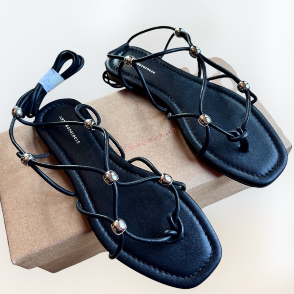 Anthropologie Leather Embellished Tie-Up Strappy Sandals Black + Box NWT - Picture 4 of 10